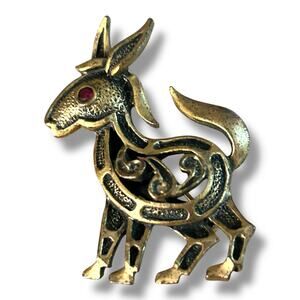 Vintage Donkey Brooch Whimsical Antique Gold Tone Red Rhinestone Eye Brooch